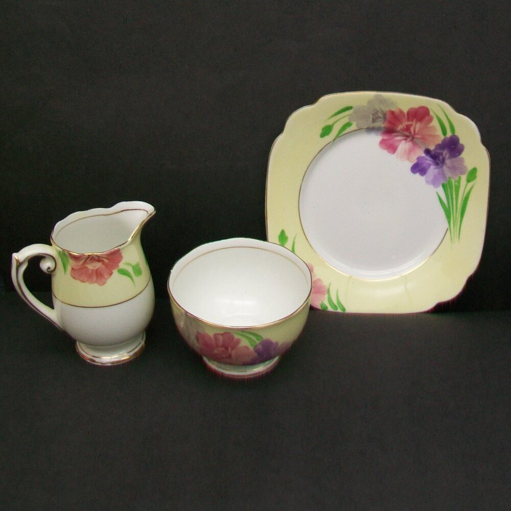 3 Pc Lot ROSLYN CHINA Hand Painted ENGLAND Square Dessert Plate Creamer Sugar